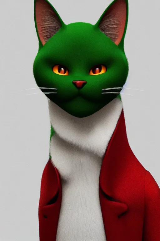 Image similar to a cat wearing a red and green formal overcoat, hyperrealistic, concept art, octane render, unreal engine 5, realistic and defined face, profile picture, digital art, pixar and disney, symmetrical, high quality, highly detailed, high coherence, path traced, house background, low contrast, beautiful