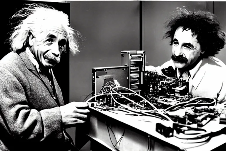 Prompt: Studio photo of Einstein building a PC, detailed, hyper realistic