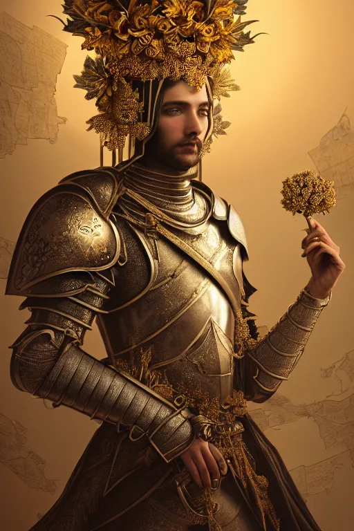 Image similar to hyperdetailed matte illustration of a knight wearing an ornate gold headpiece and holding a flower with a map of the collective subconscious in the background by octane render