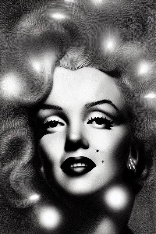 Image similar to portrait of marilyn monroe, staring directly into camera, intricate, elegant, glowing lights, highly detailed, digital painting, artstation, sharp focus, illustration, art by wlop, mars ravelo and greg rutkowski