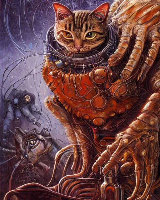 Image similar to bloody fleshmetal cyborg garfield cat, by antonio j. manzanedo, giger, alex grey, android jones, wayne barlowe, philippe druillet, raymond swanland, cyril rolando, josephine wall, harumi hironaka, trending on artstation