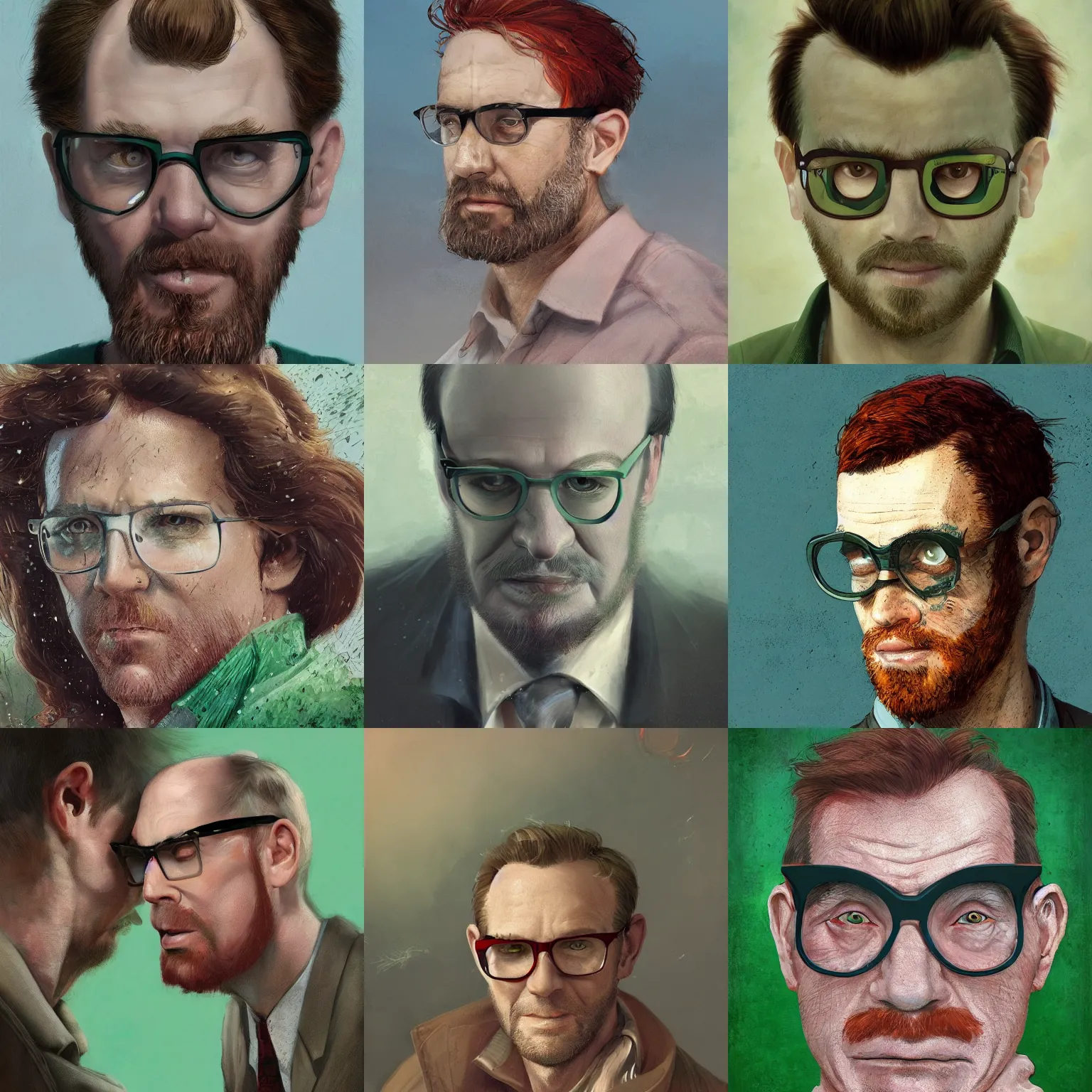 Prompt: portrait of a middle age man balding red hair and freckles and wearing glasses with green eyes, friendly, 8 k, highly detailed, digital painting, artstation, sharp focus, illustration, by tom bagshaw, greg rutkowski, wlop