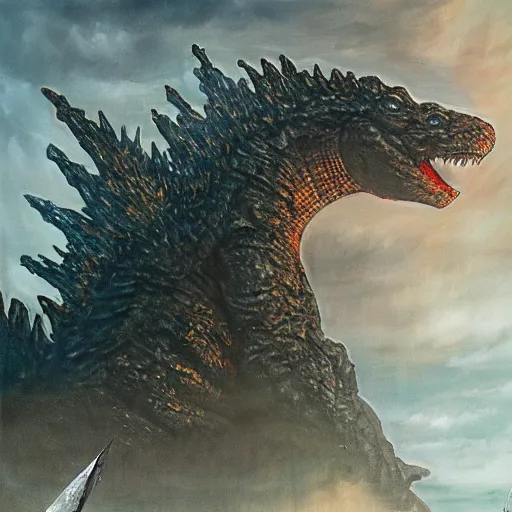 Image similar to Godzilla, elden ring boss, matte painting, detailed, elden ring, oil on canvas