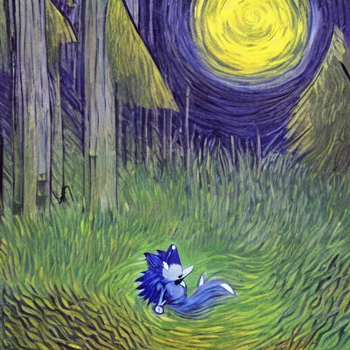 Image similar to sad ominous painting of detailed sonic the hedgehog in the woods at night, in the style of studio ghibli and moebius and claude monet and vincent van gogh