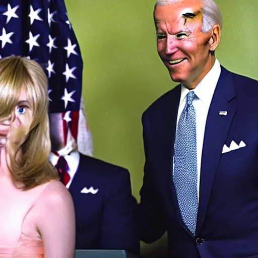 Image similar to ((((alien wearing a wig and a dress)))) and Joe Biden at a press conference, photograph, highly detailed, 4K