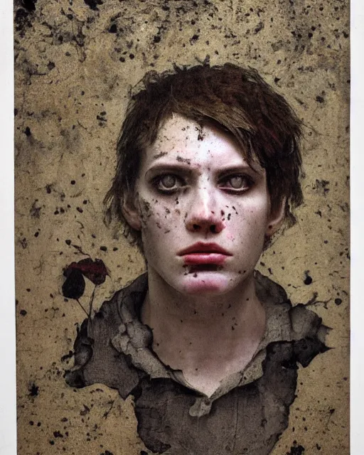 Image similar to a beautiful and eerie baroque painting of a beautiful but serious young man in layers of fear, with haunted eyes and freckles, 1 9 7 0 s, seventies, peeling wallpaper, wilted flowers, morning light showing injuries, delicate ex embellishments, painterly, offset printing technique