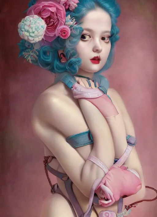Image similar to pop surrealism, lowbrow art, realistic seductive cute woman looking painting, pink body harness, japanese shibari with blue flowers, hyper realism, muted colours, rococo, natalie shau, loreta lux, tom bagshaw, mark ryden, trevor brown style,