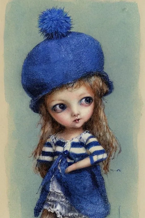 Image similar to cute doll girl big eyed with blue striped dress and fuzzy hat by jean - baptiste monge