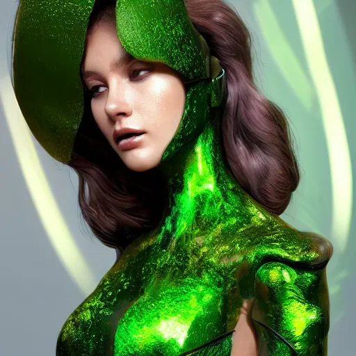 Image similar to a highly detailed digital image of a futuristic beautiful woman elegantly wrapped with green lush leaves, by Andrea Chiampo, artstation and Frederik Heyman, extremely detailed woman, stunning volumetric lighting, hyper realism, fantasy 4k