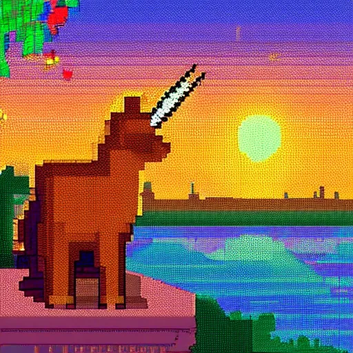 Prompt: a pixel art of a unicorn cat, watching the sunset over manhattan