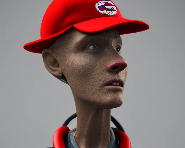 Image similar to CHAPPIE Wearing A Red Lacoste Hat, Full Figure, 8K, octane render, HDR, photorealistic, volumetric lighting, Hyperrealistic-H 960