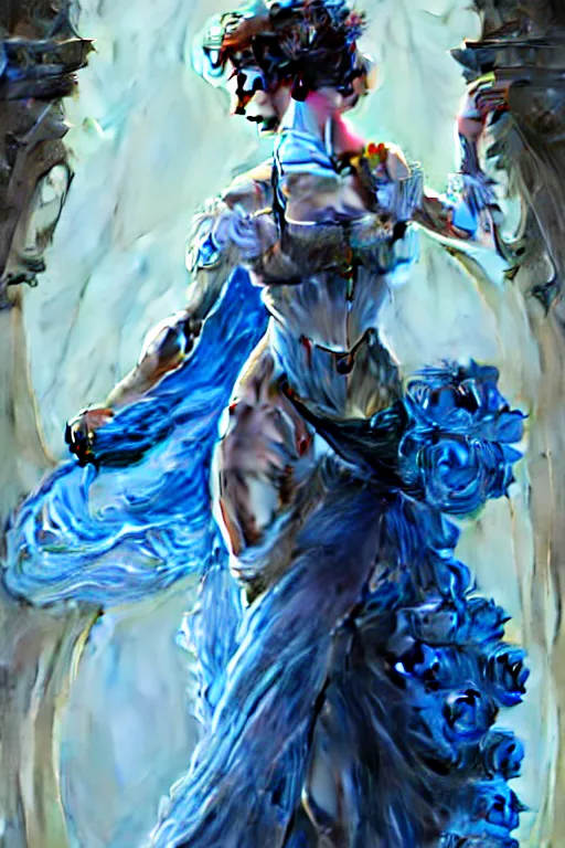 Image similar to woman dressed in a vaporous wrapped large victorian blue roses silk semi-transparent dress fashion is running D&D, fantasy, intricate, elegant, highly detailed, digital painting, artstation, concept art, matte, sharp focus, illustration, art by Artgerm and Greg Rutkowski and Alphonse Mucha