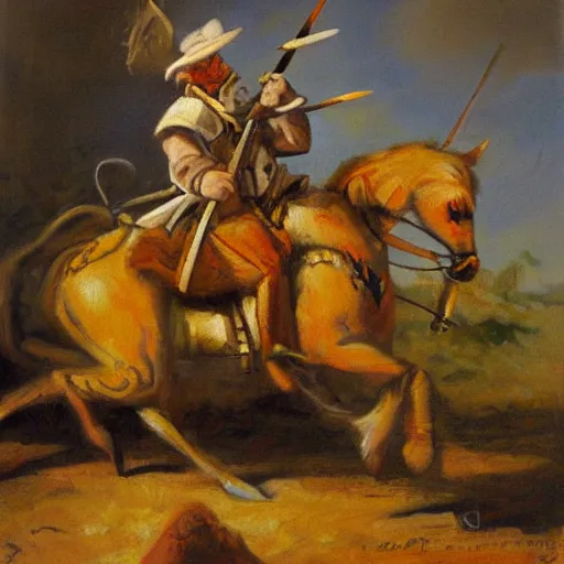 Prompt: masterful, high quality oil painting of a yellow cat dressed as don quixote, fighting giants