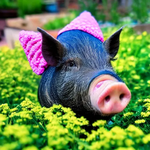 Image similar to a miniature pig wearing a cute hat!!! summer garden! hyper realistic!! realistic lighting!! wildlife photograph of the year!!! bold natural colors, national geographic, hd, wide angle, 8 k