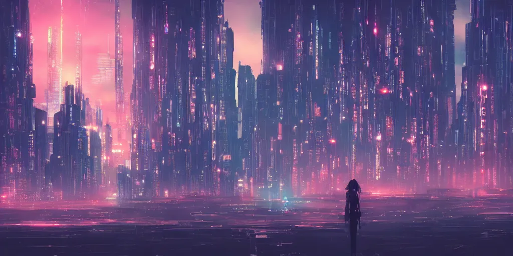 Image similar to city in the style of cyberpunk, singular gigantic building focus, space sky, anime illustration, horror,