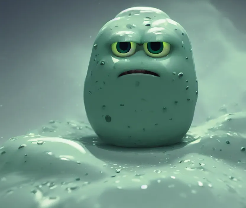 Prompt: cute lil slime blob character, close - up portrait, translucent slime body and many blinking eyes, 3 d pixar style, trending on arstation octane rendered in 8 k unreal engine 5, cinematic and dramatic, gloomy, mystic and magical, fantastic and whimsical