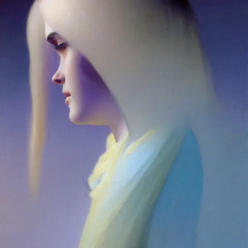 Image similar to a young woman's face, her hair is white and she wears a cobalt blue satin cloak, by ivan aivazovsky and syd mead and moebius and gaston bussiere and roger dean and pieter claesz and paul delaroche and alma tadema and aelbert cuyp and john berkey, hyperrealistic, volumetric light, octane render