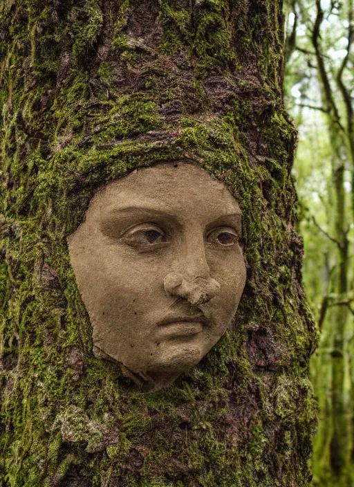 Image similar to photograph of hyperrealistic detailed ancient face in the shape of a tree covered with bark and moss, in a mysterious forest