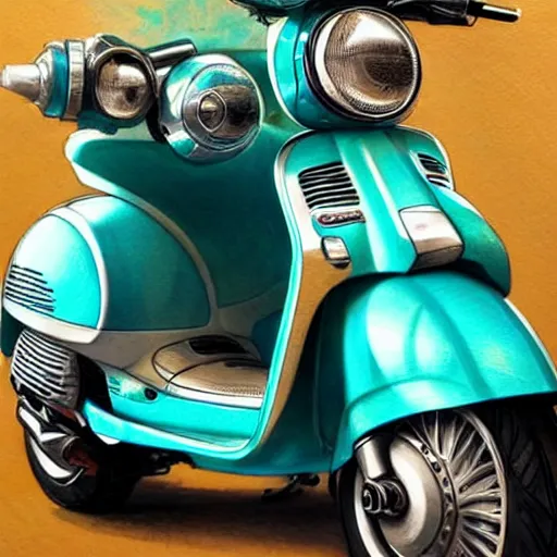 Prompt: a turquoise vespa moped, ultra realistic, concept art, intricate details, highly detailed, photorealistic, pencil and watercolor, art by artgerm and greg rutkowski