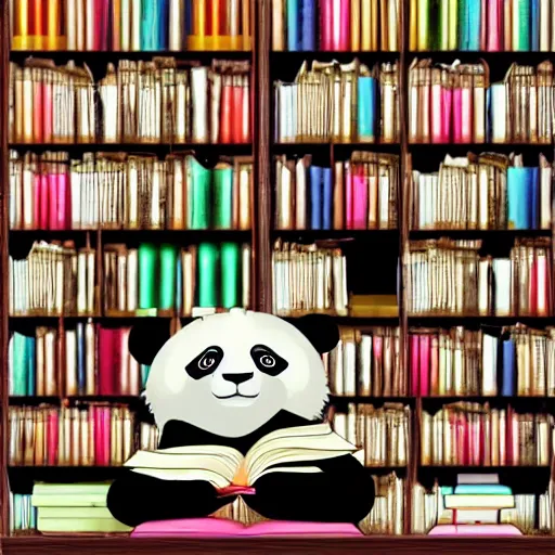 Prompt: panda studying with books