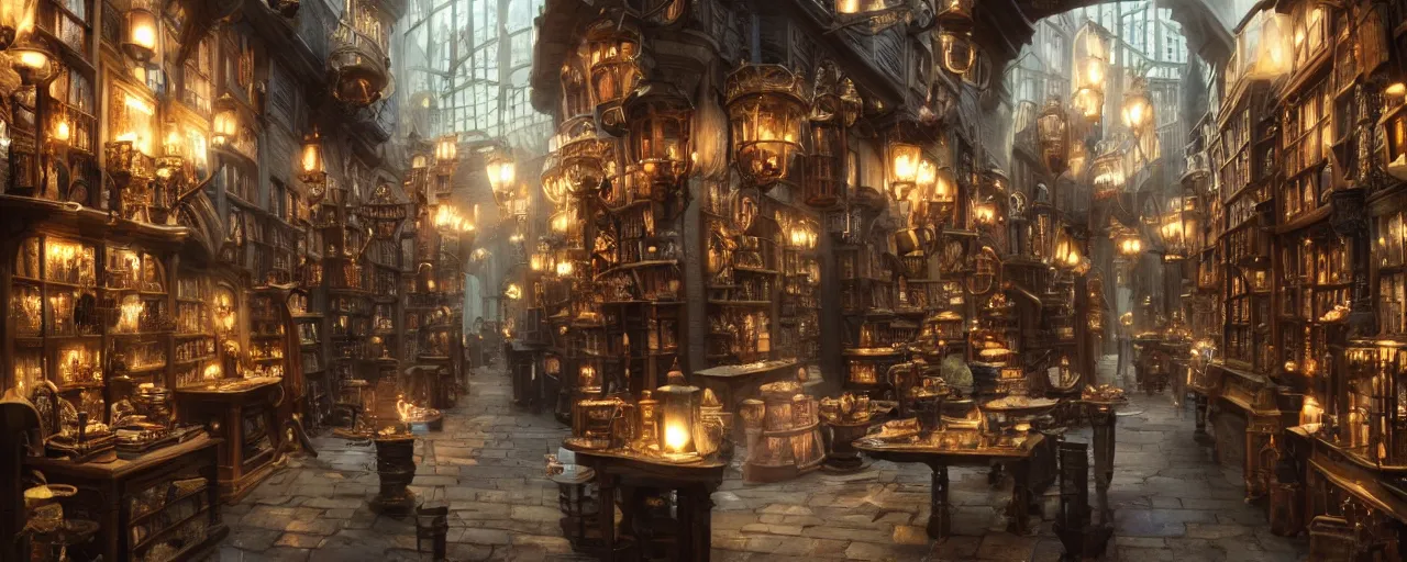 Image similar to most epic dramatic diagon alley magic store interior. epic cinematic hyperrealism masterpiece. realistic poster with shaded lighting by craig mallismo, artgerm, jeremy lipkin and michael garmash, unreal engine, radiant light, detailed and complex environment, digital art, art station trends