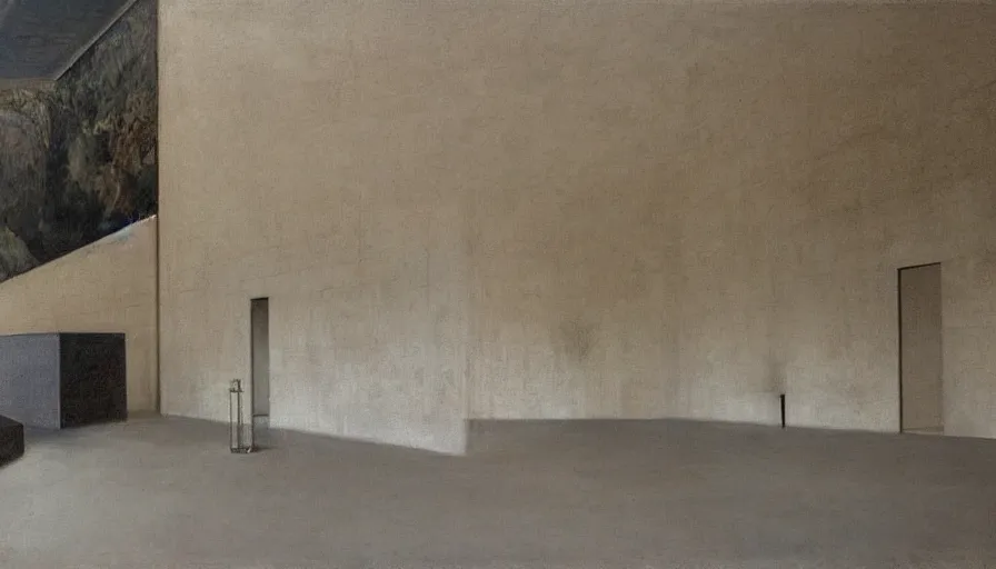 Prompt: painting by borremans, barcelona pavilion, detailed, stunning