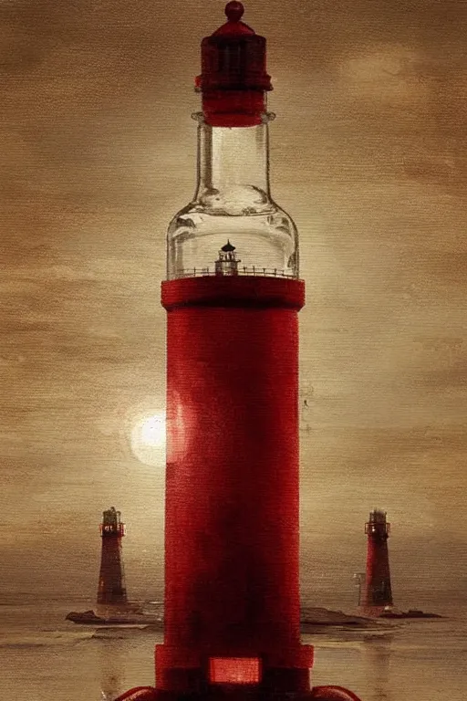 Image similar to a red and white lighthouse inside a clear bottle, very fancy whiskey bottle, masterpiece painting by greg rutkowski and daytoner