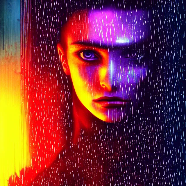 Image similar to bright aesthetic portrait LSD glowing backlit rain on face and wet hair, cyberpunk, overhead lighting, fantasy, intricate, elegant, dramatic lighting, highly detailed, lifelike, photorealistic, digital painting, artstation, illustration, concept art, smooth, sharp focus, art by John Collier and Albert Aublet and Krenz Cushart and Artem Demura and Alphonse Mucha