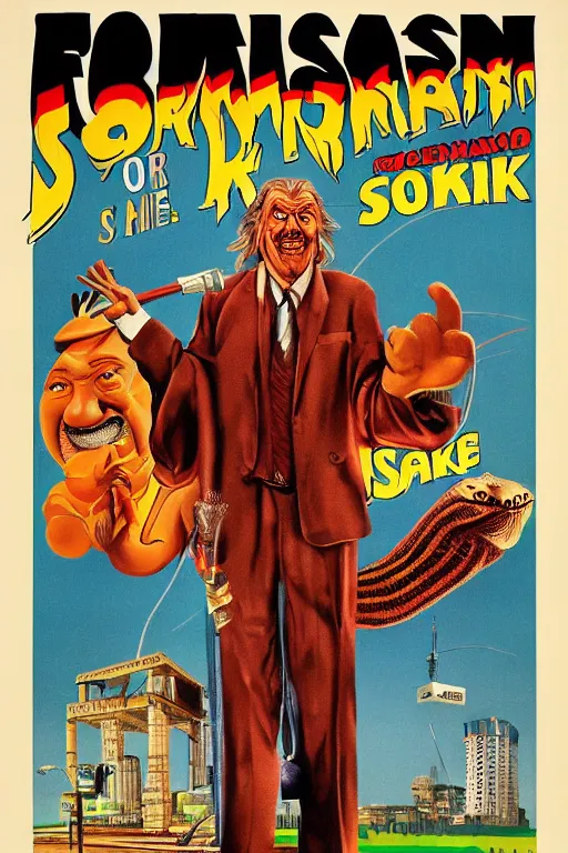Image similar to poster for the 1 9 8 7 movie'formosan snake oil ', directed by federico fellini, starring donald sutherland and uncle aloysius, poster by ed roth and basil wolverton ), crisp