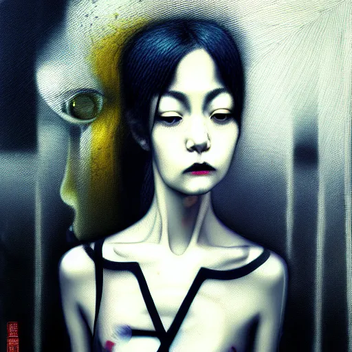 Image similar to yoshitaka amano blurred and dreamy realistic three quarter angle portrait of a young woman with black lipstick and black eyes wearing dress suit with tie, junji ito abstract patterns in the background, satoshi kon anime, noisy film grain effect, highly detailed, renaissance oil painting, weird portrait angle, blurred lost edges