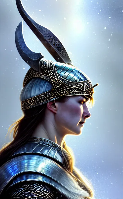 Image similar to iridescent viking warrior, regal, elegant, winter, snow, beautiful, stunning, hd, illustration, epic, d & d, fantasy, intricate, elegant, highly detailed, wide angle, digital painting, artstation, concept art, smooth, sharp focus, illustration, wallpaper, art by artgerm and greg rutkowski and alphonse mucha and jin xiaodi