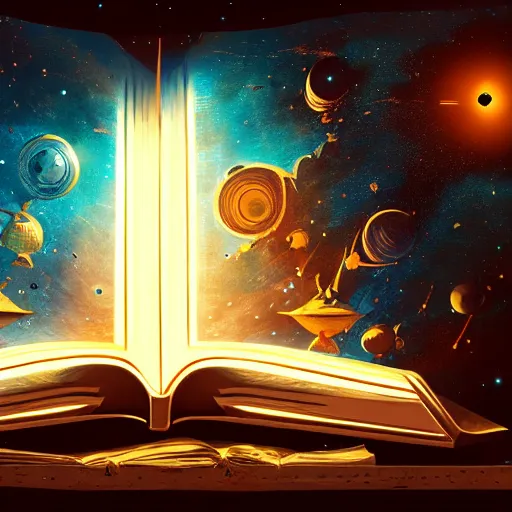 Image similar to front facing symmetrical shot of an ancient book on a vintage table in space, concept art, sci - fi illustration, painting, realistic,, radiant light, detailed and intricate environment, 8 k, h 6 4 0