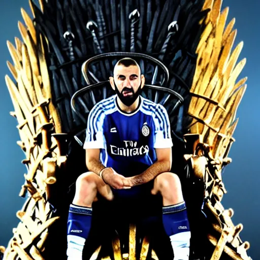 Image similar to Karim Benzema sitting on the iron throne, 4k, award winning, Photograph