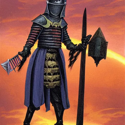 Image similar to HD character illustration high detail by Michael Whelan of %Geddy Lee% as a medieval warlock-knight.