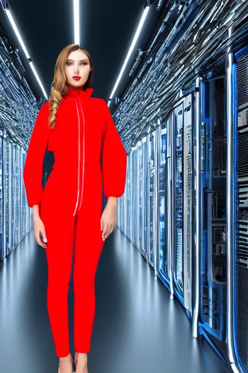 Image similar to beautiful russian woman wearing a chrome jumpsuit standing in front of a futuristic supercomputer, 4 k, studio lighting