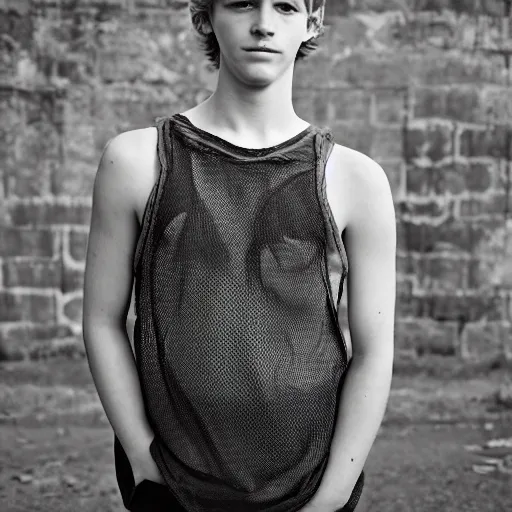 Prompt: Portrait of a sad looking teenage boy, around 20 yo, natural blonde hair and smooth pale skin. Fisher net tank top, Award winning photograph.