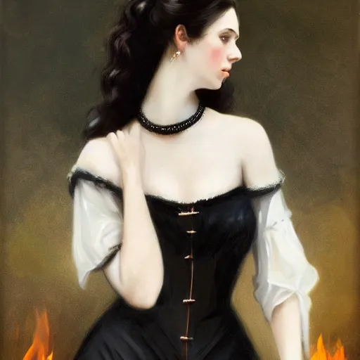 Image similar to a beautiful young woman, pale skin, black long hair, aristocrat, black expensive dress from 1 8 6 0, illuminated by campfire, oil painting, digital art, studio photo, realistic, artstation, high quality, wild west