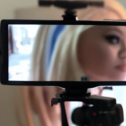 Image similar to trisha paytas doing a livestream, shallow depth of field, bokeh, anamorphic lens flare, 8k, hyper detailed, 35mm film grain