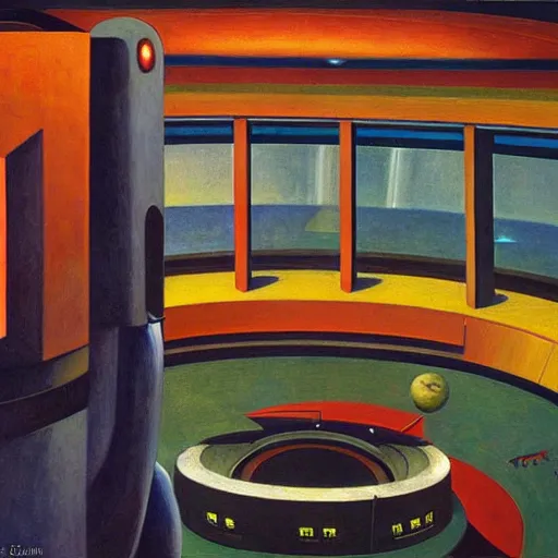 Image similar to robot overlords, observation deck, spaceship interior, view of earth, pj crook, edward hopper, oil on canvas