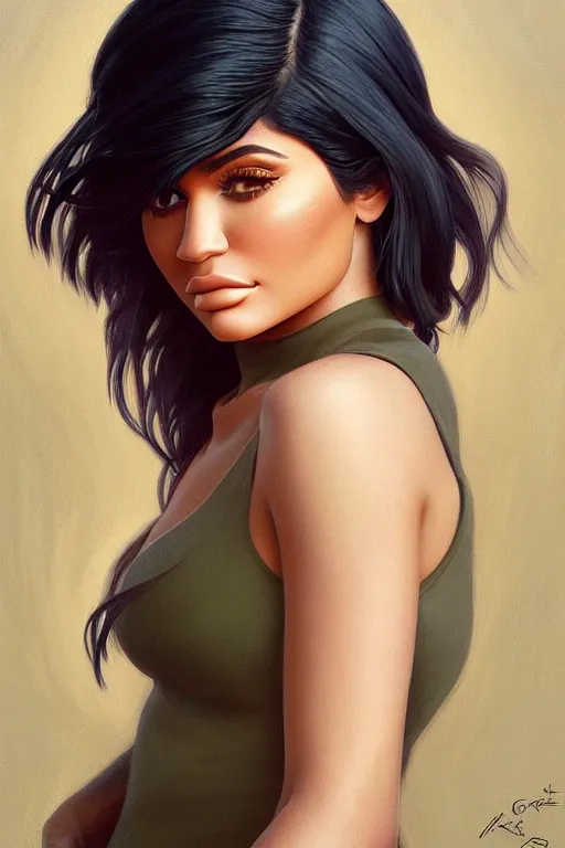 Image similar to clear portrait of kylie jenner, cottagecore!!, background hyper detailed, character concept, full body, dynamic pose, elegant, intricate, highly detailed, digital painting, artstation, concept art, smooth, sharp focus, illustration, art by artgerm and greg rutkowski and alphonse mucha