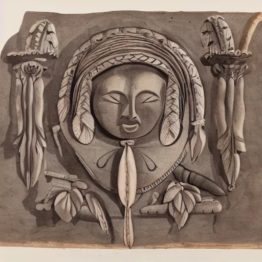 Prompt: an ethnographic object from an unknown indigenous tribe, in the style of corinthian capital by giocondo albertolli ( italian 1 7 4 2 - 1 8 3 9 ). medium : pen and brown ink, brush and gray wash on laid paper