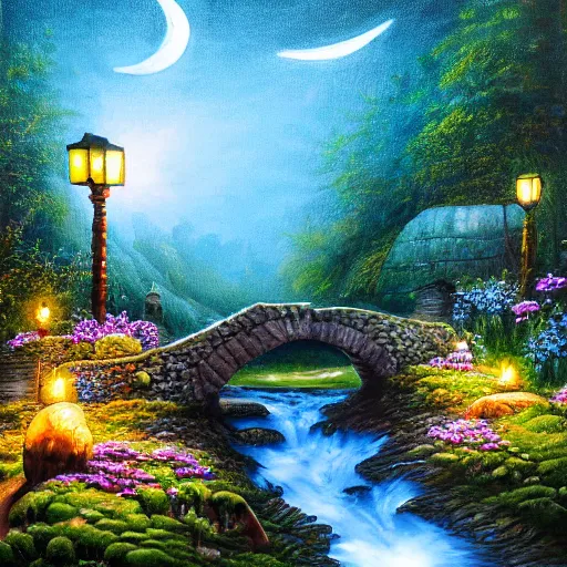 Image similar to realist painting, high detail, woodland village, in the night, fantasy, crescent moon, stone paths, bridge, water stream, luminous, toadstools, fireflies, fantasy,, flowers, waterfall, lanterns, mist, highly detailed painting, fine lines, 8 k realistic, sharp focus
