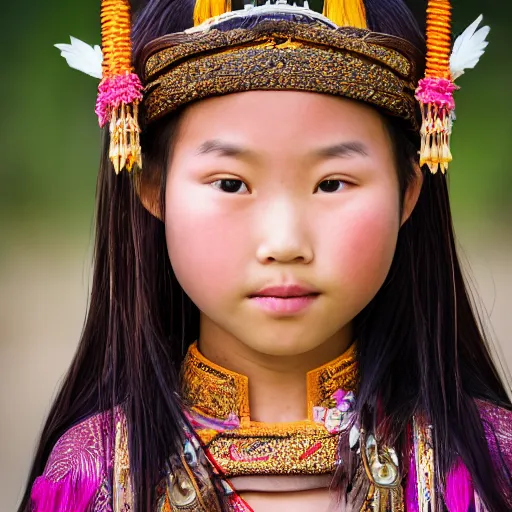 Image similar to A young ancient asian tribal princess, (EOS 5DS R, ISO100, f/8, 1/125, 84mm, postprocessed, crisp face, facial features)