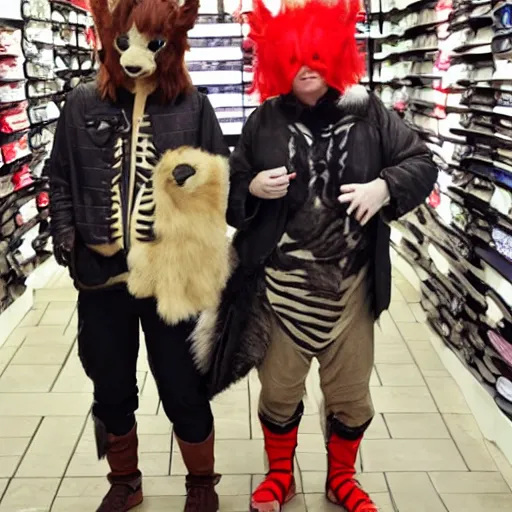 Image similar to a photograph of people badly cosplaying as animals, they have a disappointed look on their face, they are in a shoe store with long store isles, 50mm