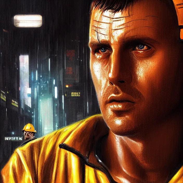 Prompt: excellent painted portrait of a replicant construction worker from blade runner (1982), cyberpunk blade runner art, character artwork, 8k resolution artwork, trending on artstation, detailed digital oil painting portrait