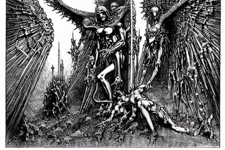 Prompt: fallen angel begs to enter the gates of hell by philippe druillet and gustave dore and les edwards and much a and moebius and hieronymus bosch