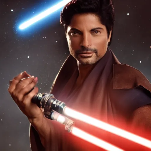 Image similar to Chayanne the singer as a jedi in star wars, holding a lightsabre. splash art, cinematic lighting, dramatic, octane render, long lens, shallow depth of field, bokeh, anamorphic lens flare, 8k, hyper detailed, 35mm film grain