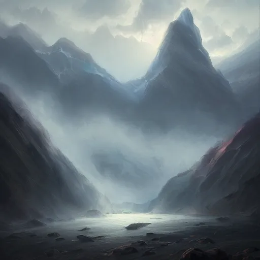 Prompt: oil painting of cinematic mountains with a cloudy sky filled with swirling fog, Greg Rutkowski, morning lighting, mystical, fantasy