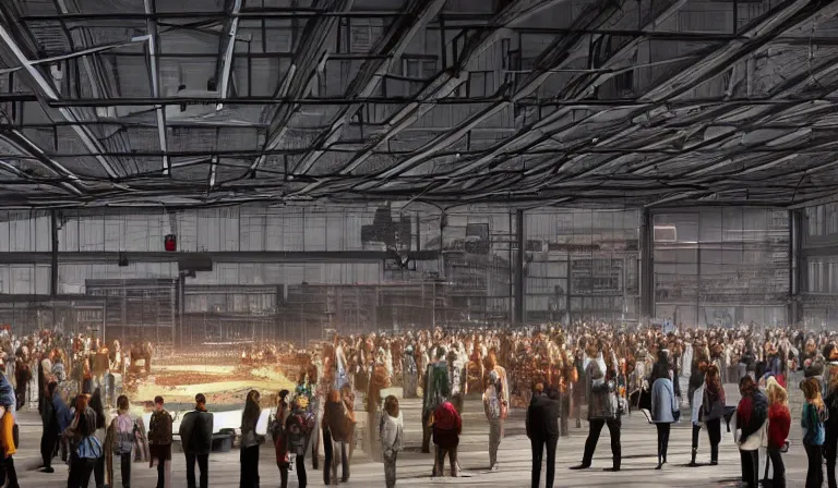 Image similar to large group people in open warehouse, looking at hologram of futuristic city on a table, cinematic concept art, godrays, godrays, golden hour, natural sunlight, 4 k, clear details, tabletop model buildings, center model buildings, hologram center, crane shot, crane shot, crane shot