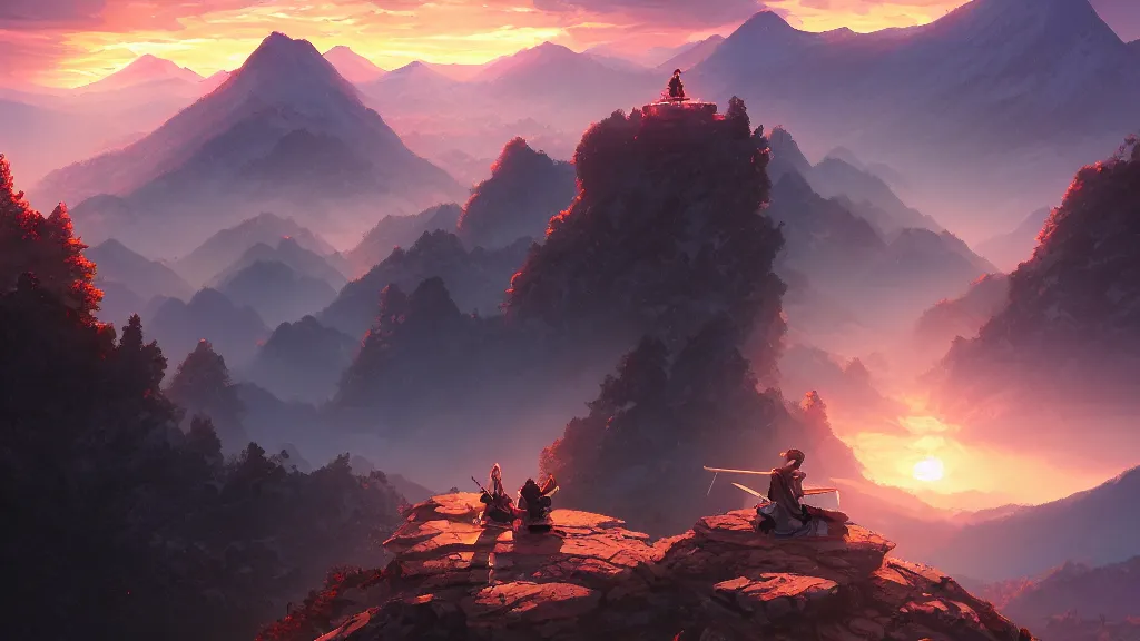 Prompt: samurai resting on a mountain top, cool dawn sky, by sylvain sarrailh, rossdraws, ambient light, ultra detailed, fantasy artwork, 8 k, volumetric lighting, trending on artstation, award winning, very beautiful.